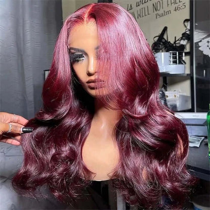 Charming Body Wave Burgundy Curtain Bangs Wigs