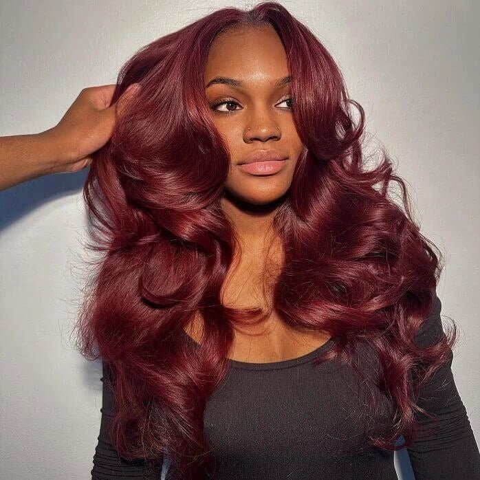 Charming Body Wave Burgundy Curtain Bangs Wigs