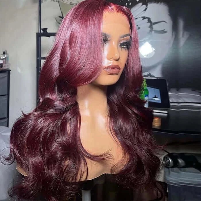 Charming Body Wave Burgundy Curtain Bangs Wigs