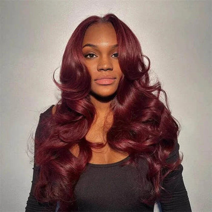 Charming Body Wave Burgundy Curtain Bangs Wigs