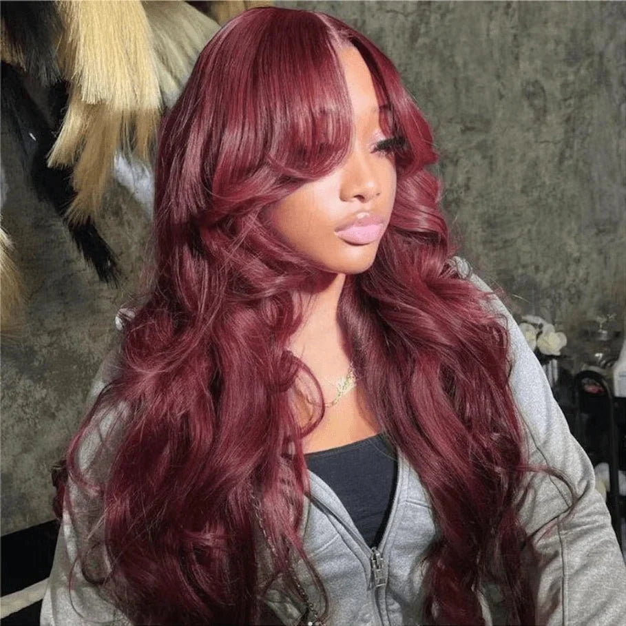 Charming Body Wave Burgundy Curtain Bangs Wigs