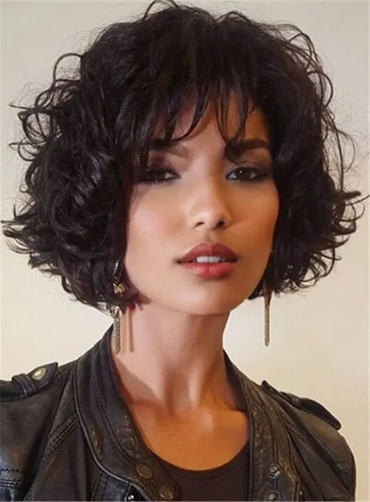 Cheap Short Loose Pixie Hairstyle Soft Synthetic Hair Jerry Curly Lace Front Cap Women Wigs 10 Inches