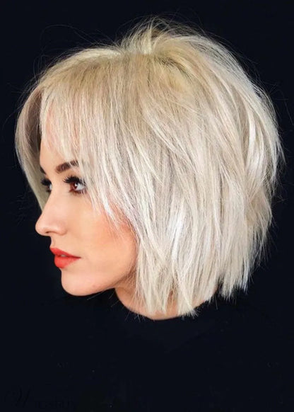 Acconciature corte e mosse Pixie Cut da donna, colore biondo, capelli umani lisci, parrucche senza cappuccio da 10 pollici