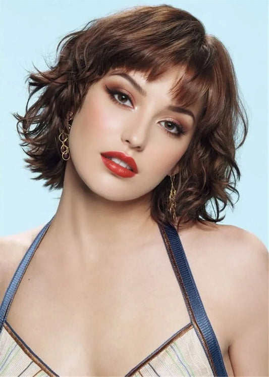 Women's Medium Bob Wavy Human Hair With Bangs Capless Wigs 14 Inch