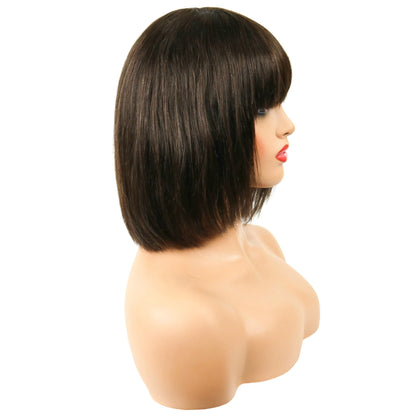 Short Straight Bob Wig 100% Human Hair With Full Bangs 10 Inches