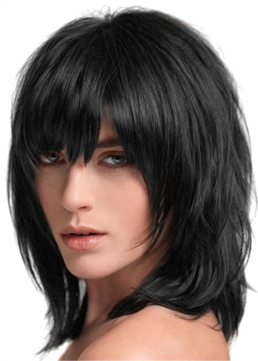 Layered Shag Hairstyle with Full Fringe Middle Length Synthetic Capless Women Wigs