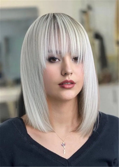 Long Bob Platinum Hairstyles Women's Straight Synthetic Hair Wigs With Bangs 12Inch