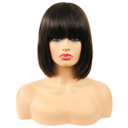 Short Straight Bob Wig 100% Human Hair With Full Bangs 10 Inches