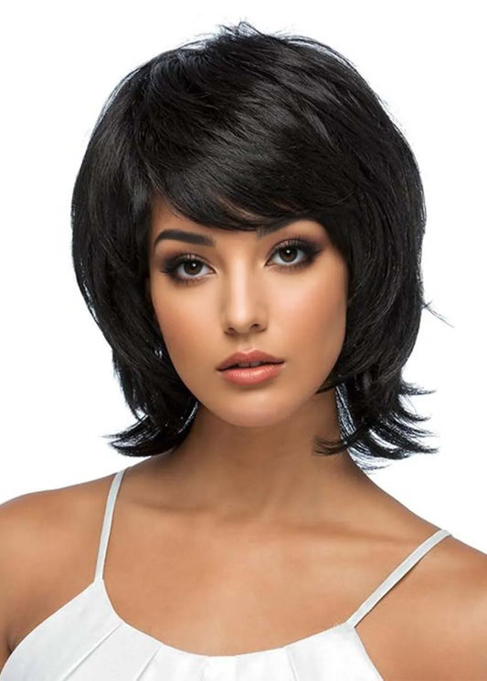 Women's Short Layered Hairstyles Wavy Human Hair Wigs With Bangs Capless Wigs 12Inch