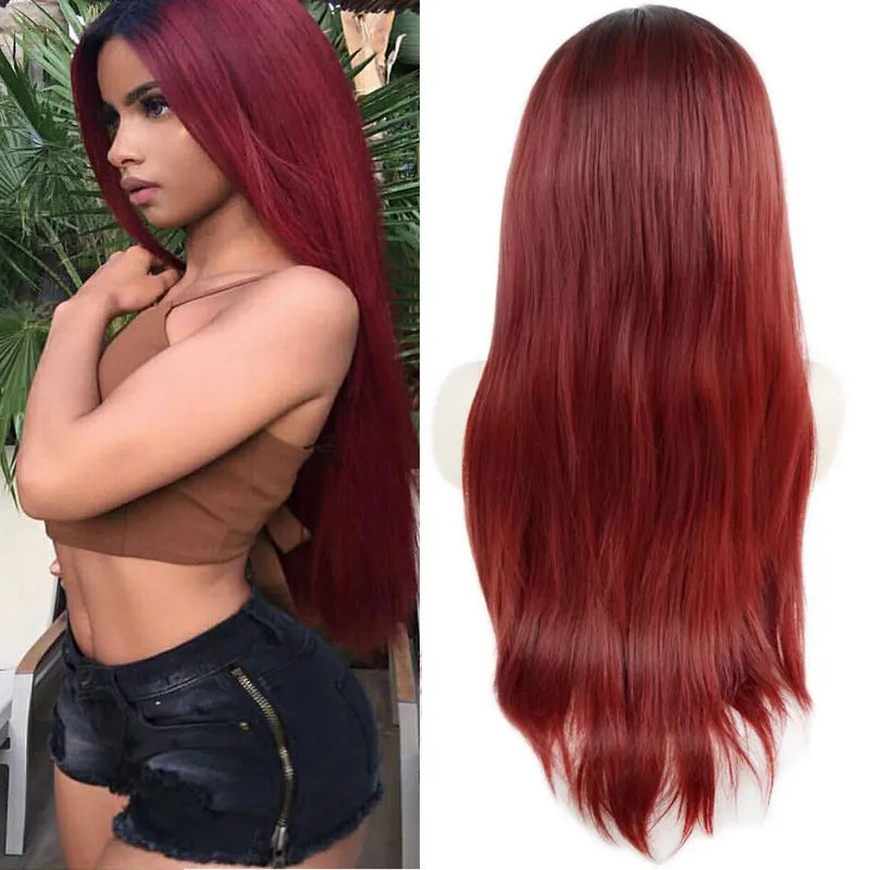 Black/Wine Red Ombre Long Straight Lace Front Synthetic Wig