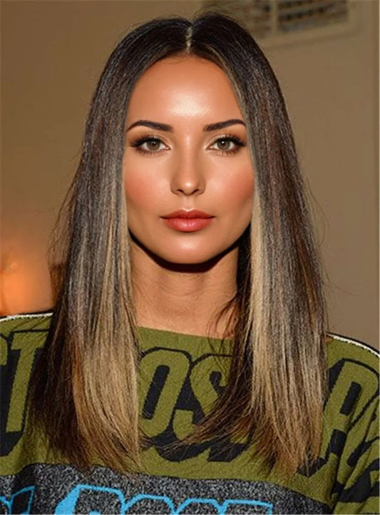 Ciara Hairstyles Blunt Cut Medium Straight Center Part Human Hair Lace Front Cap Wigs 16 Inches