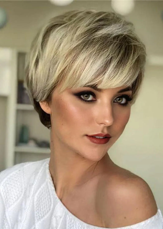 Short Blonde Wigs Straight Bob Hair Wigs with Bangs Natural Looking Synthetic Capless Wig 10inch