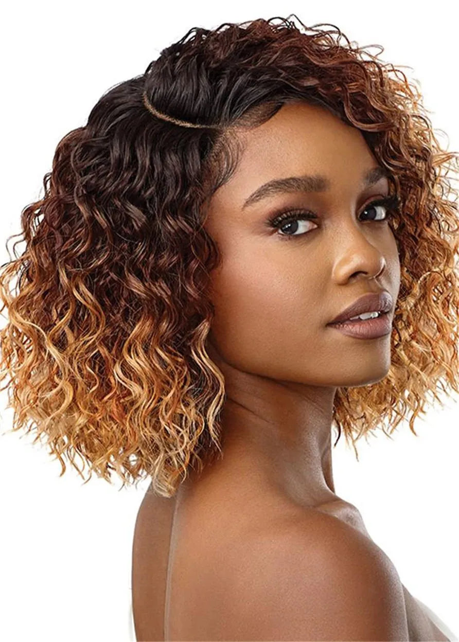 African American Women's Medium Hairstyles Kinky Curly Synthetic Hair Capless Wigs 16 Inch