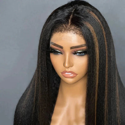 Highlight Brown Kinky Straight Human Hair Wig