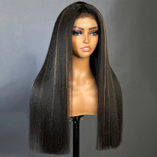 Highlight Brown Kinky Straight Human Hair Wig