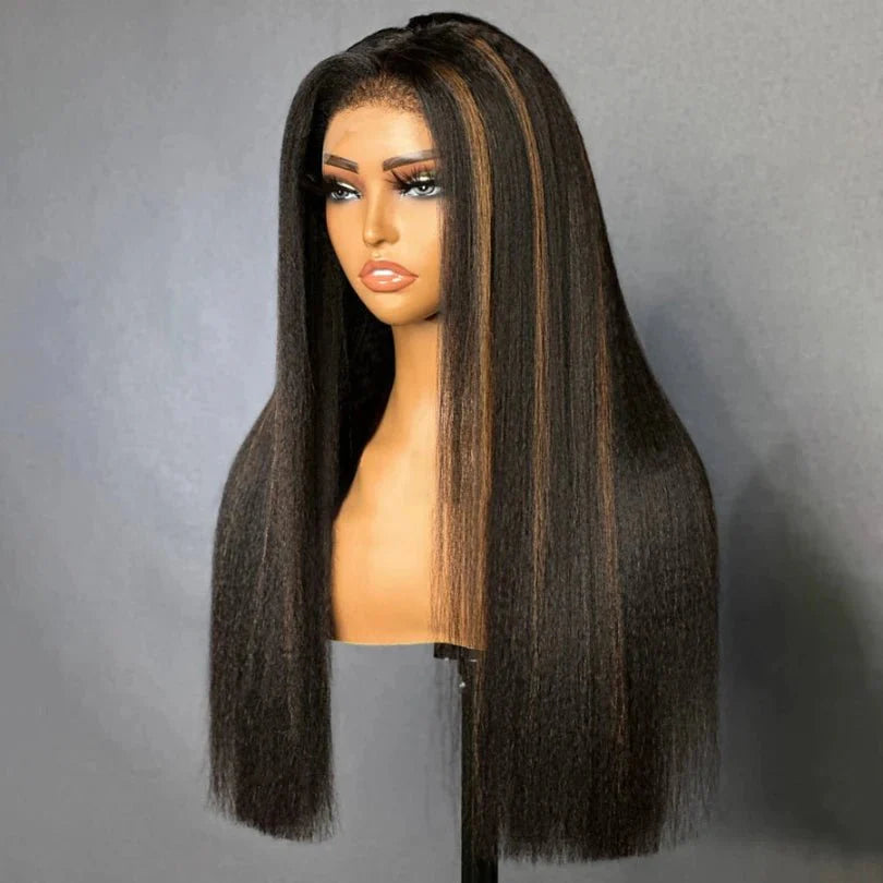 Highlight Brown Kinky Straight Human Hair Wig