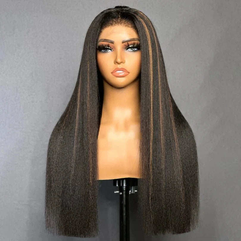 Highlight Brown Kinky Straight Human Hair Wig