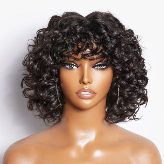 Short Cut Water Wave Wigs with Curly Bangs