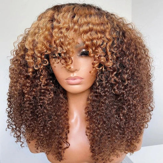 Unique Curly Brown Hair With Blonde Highlights Pre-Cut Wig